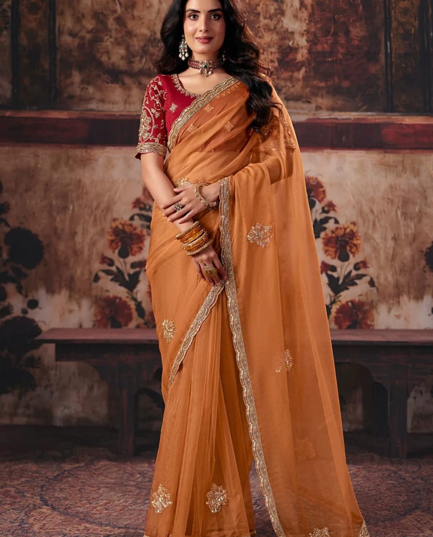 1006 - Orange & Red Designer Style Festive Wear Saree
